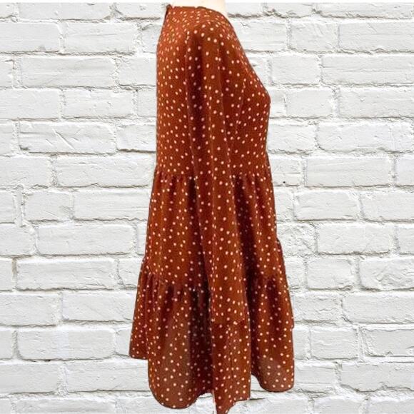 ASOS DESIGN Brown Polka Dot Teired Flowy Long Sleeve Mini Dress Size 6 Fall - Picture 2 of 7